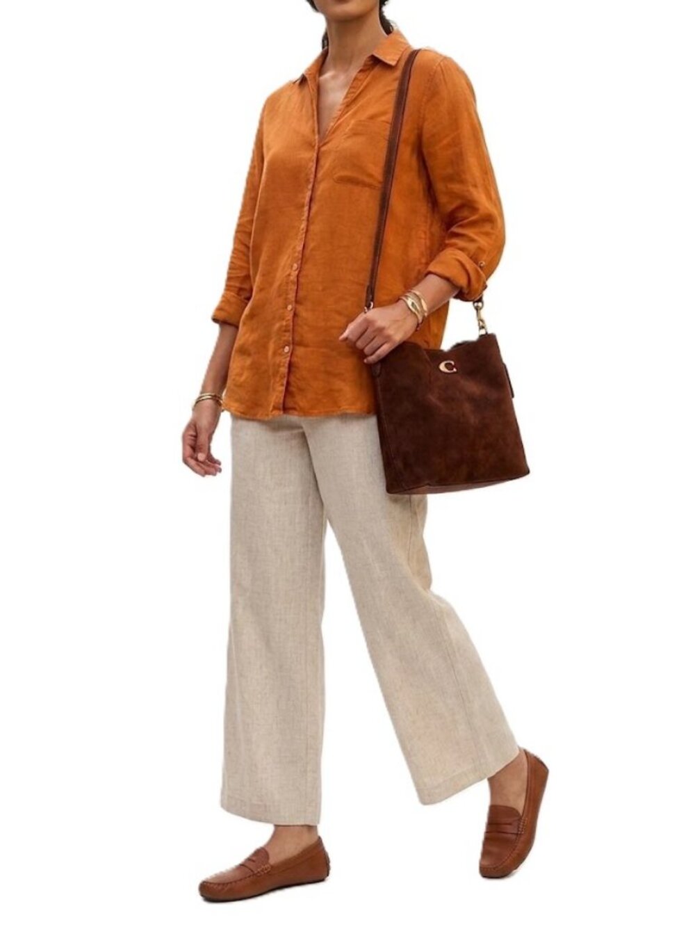SIGRID OLSEN 100% Linen Button Down Shirt Large Burnt Orange Roll Tab Sleeve EUC